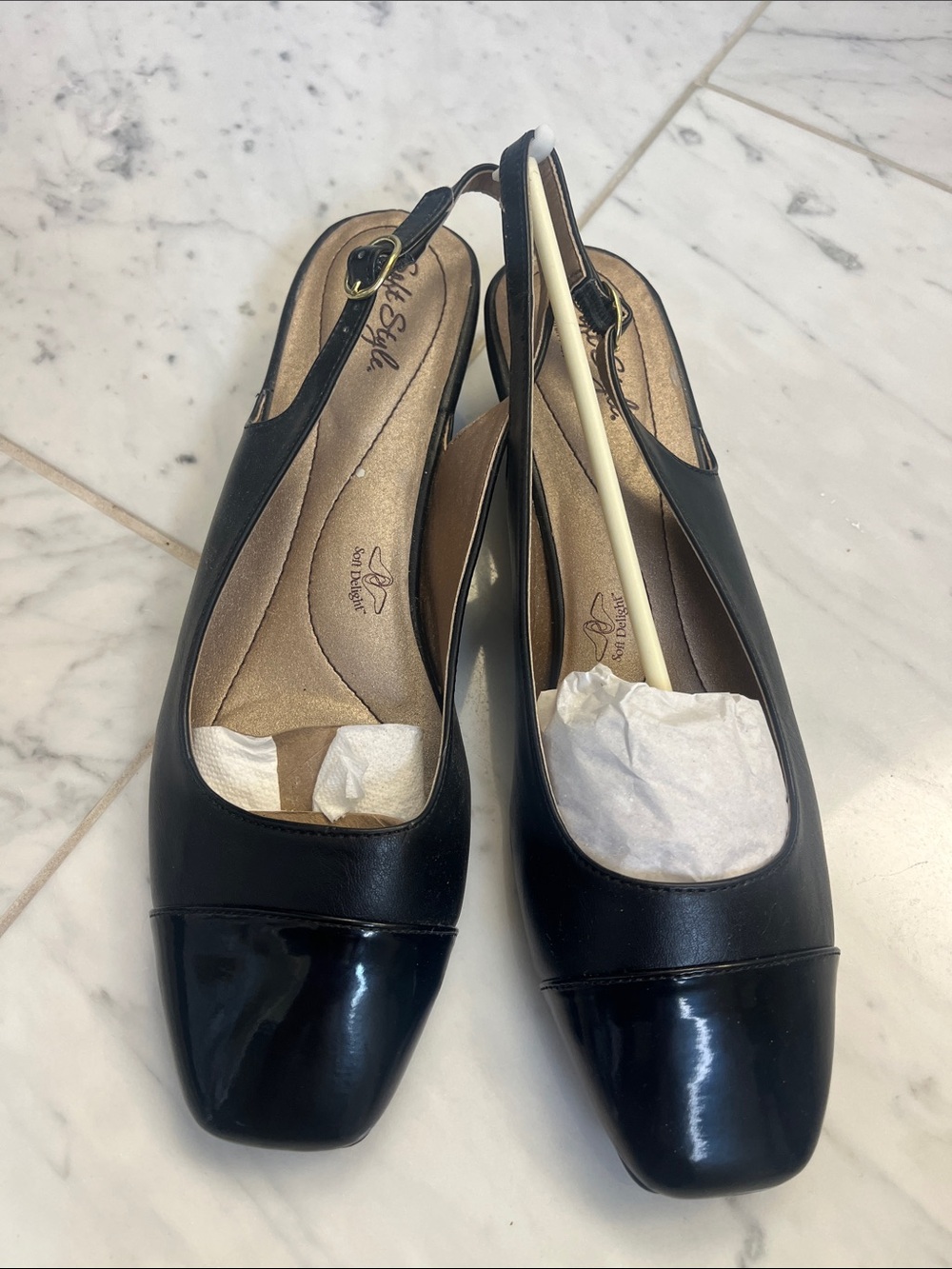 Soft Style Black Slingback Mules with Patent Cap Toe